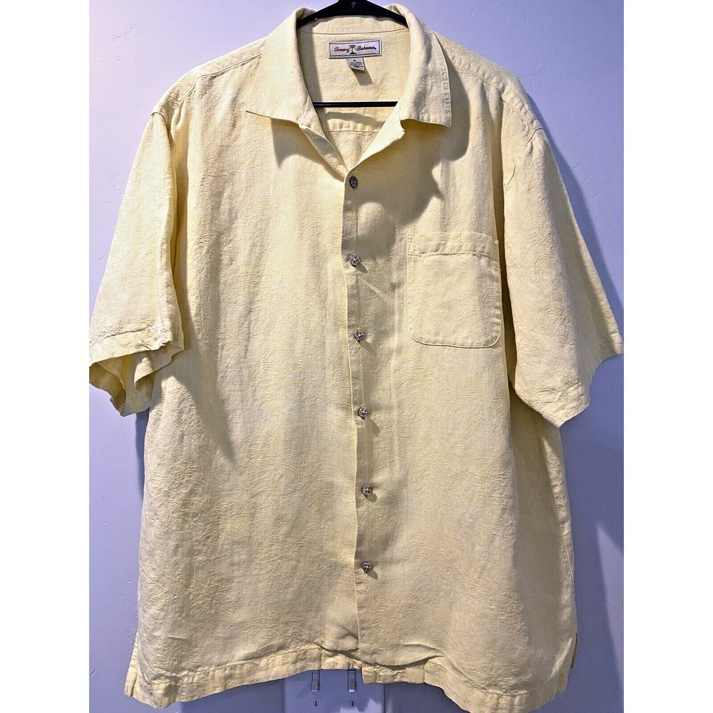 Tommy Bahama XL Short Sleeve Button-Up Shirt Yellow Flowers and Leaves  -- TB24